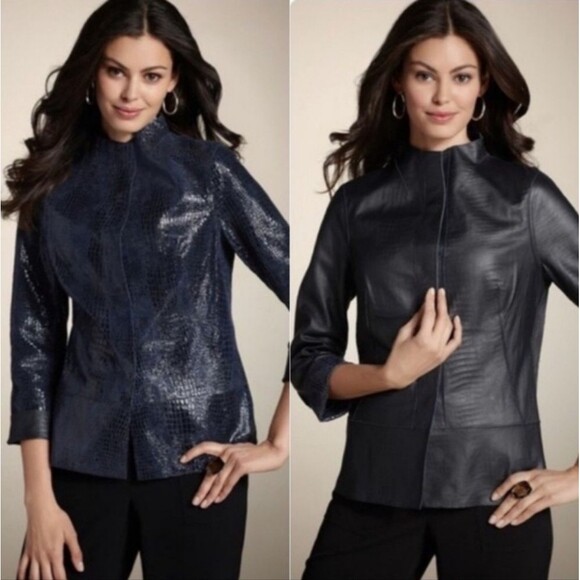 Chicos Size 1 Medium 8 Black Kimberly Reversible Snakeskin Leather Jacket - Picture 1 of 11